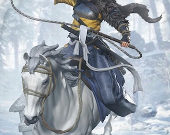 May include: A detailed figurine of a warrior on horseback, set against a snowy forest backdrop. The warrior wears a yellow and blue outfit, a large hat, and carries a whip. The white horse is posed mid-stride, with detailed rope reins.