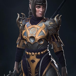 May include: A detailed digital rendering of a warrior in ornate armor. The armor is primarily silver and gold, with intricate designs and a sunburst emblem. The warrior has dark hair, a stern expression, and holds a weapon. The overall aesthetic suggests fantasy or historical themes.