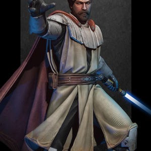 May include: A detailed figurine of a bearded character with auburn hair, wearing a cream-coloured tunic, a dark red cape, and white armour plating on the arms and legs. The figure holds a glowing blue lightsaber in one hand and reaches out.