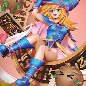 May include: A detailed figurine of a character from the Yu-Gi-Oh! anime series. The figure is of a female character with blonde hair, wearing a blue and pink outfit, and seated on a golden crescent moon-shaped throne. Two cartoon creatures are also present.