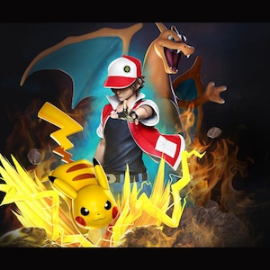 Könnte beinhalten: Eine digitale Illustration mit Charakteren aus dem Pokémon-Franchise. Das Bild zeigt Pikachu, Glurak und eine Trainerfigur. Der Hintergrund umfasst Flammen- und Blitzeffekte mit einem dunklen, dramatischen Farbschema.