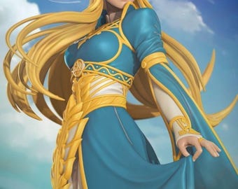 May include: Digital illustration of a character with long blonde hair, wearing a blue and gold dress. The character has pointed ears and a golden crown. The background is a blue sky with clouds.
