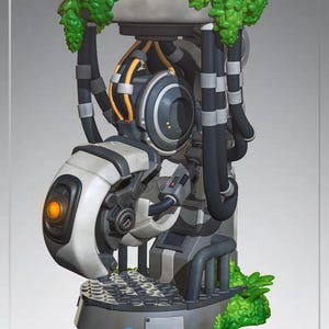 Könnte beinhalten: Eine detaillierte Skulptur einer roboterartigen Struktur mit weißem und grauem Farbschema, mit einem orangefarbenen augenähnlichen Element. Die Skulptur hat schwarze Schläuche und grüne Blätterakzente. Das Wort "PORTAL" befindet sich am Sockel.