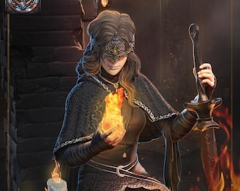 May include: A woman in a black hooded cloak and a blindfold holds a small ball of fire in her hand. She is sitting in a dark room with a sword leaning against her side.