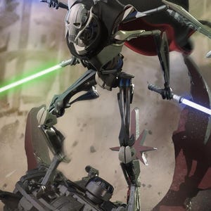 May include: A detailed illustration of General Grievous, a cyborg character from Star Wars, wielding four lightsabers. The character is depicted in a dynamic pose with a black cape and a metallic body, with blue and green lightsaber blades.