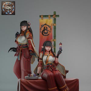May include: Two anime figures in red and white traditional Japanese clothing. The figure on the left is standing and the figure on the right is sitting on a red table. Both figures have long black hair and are holding dango, a Japanese sweet treat.