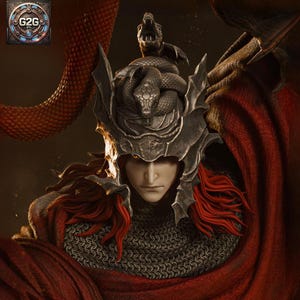 May include: A detailed bust sculpture of a figure wearing a helmet with a snake design, chainmail armour, and a red cape. The figure has long red hair and a serious expression.