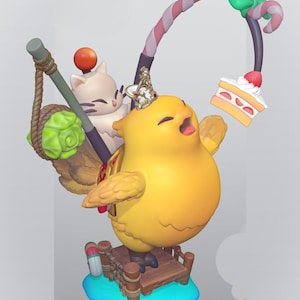 May include: A whimsical figurine featuring a yellow bird with a crown, a white cat, and a slice of cake. The bird is on a small wooden dock, with a fishing rod-like structure overhead. The design incorporates a candy cane-like arch.