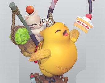May include: A whimsical figurine featuring a yellow bird with a crown, a white cat, and a slice of cake. The bird is on a small wooden dock, with a fishing rod-like structure overhead. The design incorporates a candy cane-like arch.
