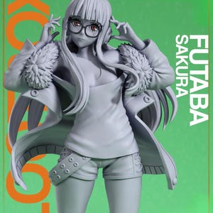 May include: A grey figurine of Futaba Sakura from the video game Persona 5. She is wearing glasses, a tank top, shorts, and a jacket with fluffy shoulder accents. The background is green with the text "LOX" and "FUTABA SAKURA".