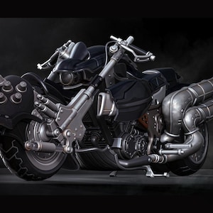 May include: A futuristic black motorcycle with silver accents and a unique design. The motorcycle features a spiked front fender, dual exhaust pipes, and a detailed engine. Smoke billows from the exhaust, suggesting motion and power.