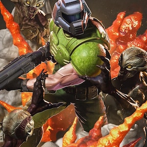 May include: A digital illustration of a green armored figure with a helmet, surrounded by demonic creatures and fiery elements. The artwork features a dynamic composition with a focus on action and conflict, with a dark background.