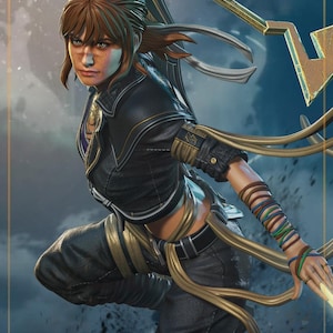 May include: A detailed illustration of a woman in a dynamic pose, clad in a black and gold outfit. She holds a golden weapon, with intricate details on her clothing and accessories. The background features a night sky with a moon.