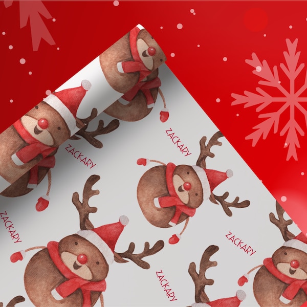 Personalized Wrapping Paper Name Christmas Holiday | Gift Wrap Paper | Vintage Christmas Gift | Reindeer Snowmen Wrapping Paper