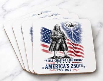 Ensemble de sous-verres Ben Franklin | 250e décoration des États-Unis | Dessous de verre patriotiques | Cadeau pour amoureux d'histoire | États-Unis 1776-2026 | Décoration de table Americana