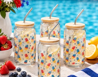 Boîte en verre de sucettes glacées patriotiques | Tasse à café glacé du 4 juillet | Verres Americana