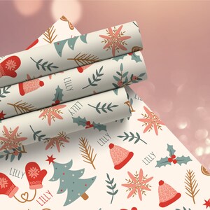 Personalized Wrapping Paper Name Christmas Holiday | Gift Wrap Paper | Retro Mittens Ginger Bread Men Christmas Trees  theme