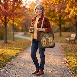 May include: A dark brown canvas tote bag featuring a large, central graphic of a pumpkin decorated with intricate autumn foliage and a small squirrel illustration. The bag has two sturdy shoulder straps and a rectangular, flat-bottomed structure.