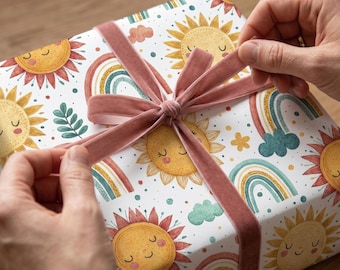 Boho solregnbåge omslagspapper | Söt presentpapper för barnkammaren | Babyshowerpresent | Nyckfullt barnmönster | Neutral lekfull design