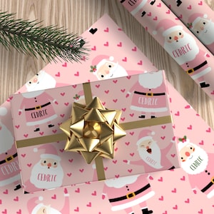 Personalized Wrapping Paper Name Christmas Holiday | Gift Wrap Paper | Pink Santa with Hearts theme