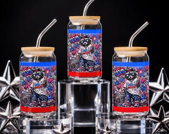 Boîte en verre raton laveur patriotique | Gobelet streetwear américain | Verres d'été Americana