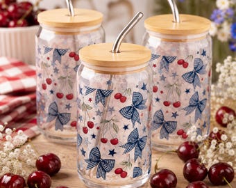 Boîte en verre patriotique avec noeud cerise | Coupe Libbey Coquette | Verres d'été Americana
