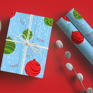 Personalized Wrapping Paper Name Christmas Holiday | Gift Wrap Paper | Retro Ornaments Theme