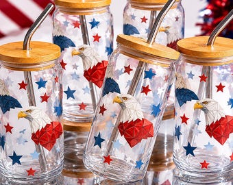 Boîte en verre géométrique Eagle | Gobelet Libbey patriotique | Verres à café glacé Americana | Coupe de la liberté
