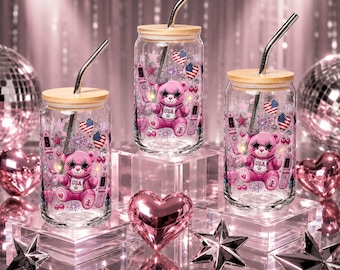 Boîte en verre nounours rose patriotique | Gobelet ours américain | Verres d'été Coquette