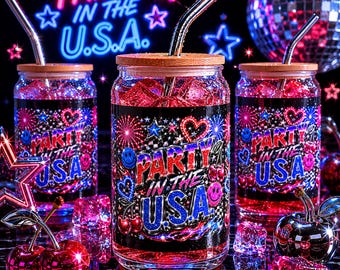 Party aux États-Unis, canette en verre | Coupe Libbey patriotique de l'an 2000 | Café glacé américain