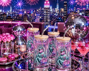 Boîte en verre fabriquée aux États-Unis | Statue patriotique de la Liberté Libbey Cup | Américain de l'an 2000