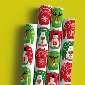 Personalized Wrapping Paper Name Christmas Holiday | Gift Wrap Paper | Ugly Sweater Snowmen Reindeer Polar Bear Theme