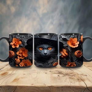 Witchy Black Cat Ceramic Mug with Roses | Gothic Halloween Coffee Cup | Baroque Floral Orange-Eyes Feline Gift | 11oz 15oz Dark Gothic