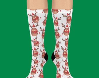 Festive Christmas Socks | Stocking Stuffers | Cute Reindeer Santa | Cozy Mid Calf Socks | Holiday Footwear