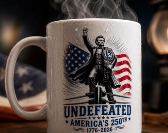 Tasse de l'Amérique 250 invaincue | Tasse à café blanche patriotique Abe Lincoln | Cadeau Liberté