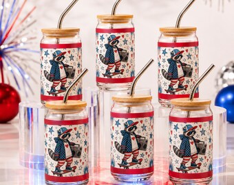 Boîte en verre raton laveur patriotique | Tasse à café glacée Americana | Verres d'été mignons
