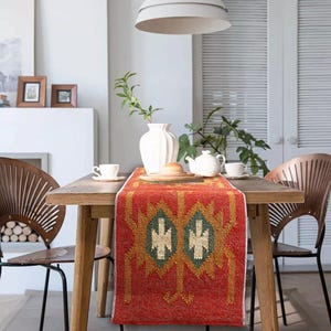 Kelim tafelloper – Boho rustiek tafeldecor, geweven wollen jute loper, boerderij keukentafelaccent, handgeweven tribal modern decor