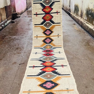 Handmade Kilim Runner Rug, Tribal Diamond Stair Runner, Southwestern Boho Hallway Runner, Custom Size Runner