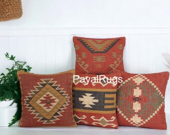 Vintage Kilim Pillow Cover,4 Set Squire Indian Boho Jute Pillow Cover,Handmade Wool Jute Sofa cushion Cover,45x45 cm Home Decor Wool Covers
