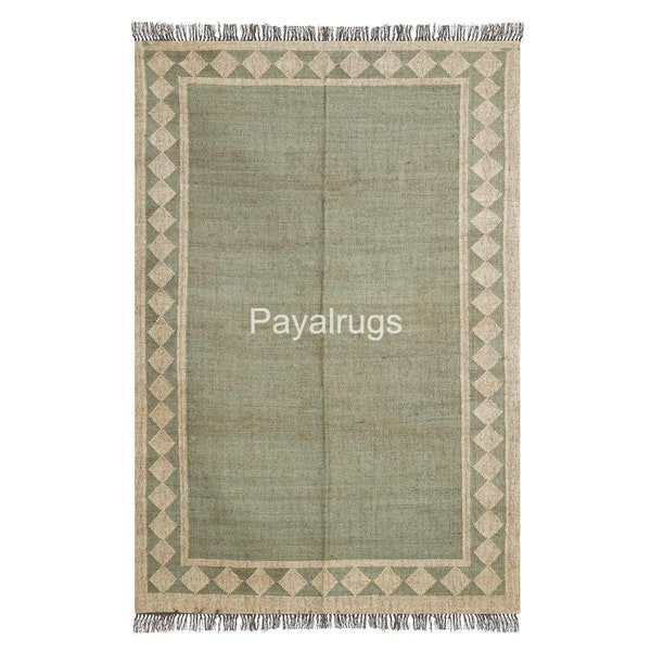 Handwoven Kilim Wool Jute Saga Green rug Bohemian Eco Friendly Wool Jute Kilim Runner| Reversible Handwoven Classic | Vintage Antique Rug
