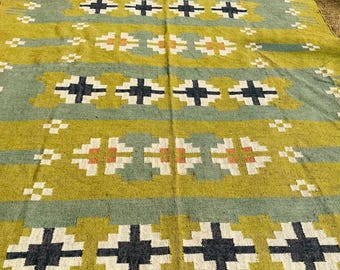 Handgewebter Kelim Kelim Teppich Grün Grün Handgewebter Flachgewebe Kelimteppich, Geometrischer Teppich im Boho-Stil