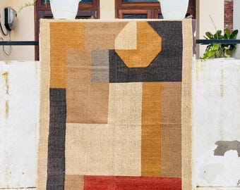Handmade Wool Jute Kilim Rug Traditional Handmade Wool Rug | Living Room Washable Boho Decor Rug Area 8x10 Flat Weave Rug South West Rug