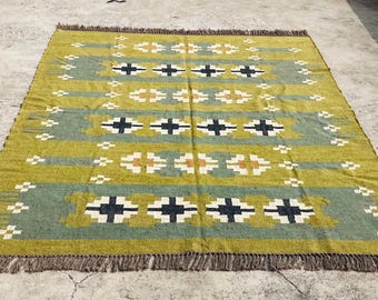 Handwoven Kilim Rug -Green Wool Jute Flatweave, Scandinavian Handmade Area Rug, Boho Wool Jute Dhurrie Rug, Living Room Rug