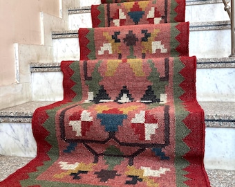 Tappeto Kilim Runner - Tappeto passatoia vintage rosso per scale, tessuto a mano in juta, tappeto in lana per scale, comodino, balcone, corridoio, ingresso, esterno.