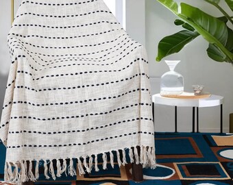 Throw Blanket - Premium Home Inspiration Handmade Throw Hand block Print Throw Soft Cotton Blanket Sofa Décor Room Décor Tassels Hand Loomed