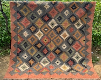 Handmade Wool Jute Kilim Rug, Tribal Diamond Pattern Rug, Boho Moroccan Flatweave Dhurrie Rug, Southwestern Living Room Rug