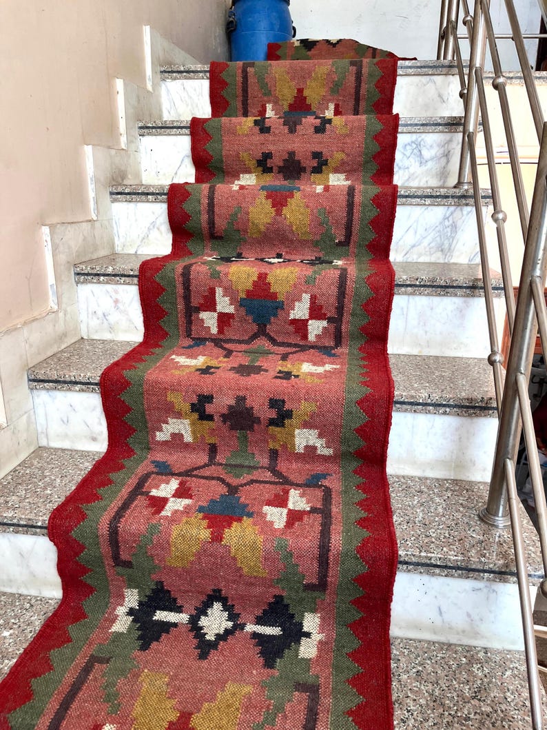 Handwoven Kilim Runner Rug - Vintage Stair Runner Rug Handmade Jute Runner Wool Stair Runner Hallway Entryway Runner Outdoor Runner Rug image 6