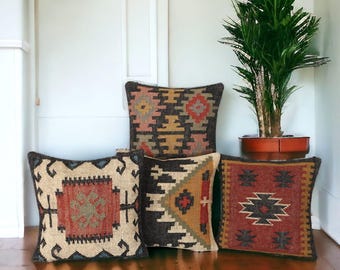 Juego de 4 fundas de almohada vintage Kilim, cojín de yute y lana turca, cojines rústicos bohemios, decoración del hogar tejida a mano, estilo Kilim turco único.