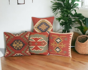 Funda de cojín Kilim vintage: Cojín de yute de lana tejido a mano, juego de 4 piezas para decoración de sofá estilo boho.