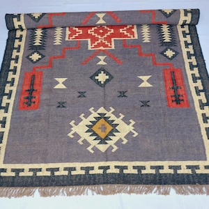Handwoven Kilim Rugs, Vintage Flatweave Dhurrie Area Rug, Southwestern Navajo Design for Living Room Decor